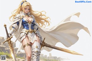 A woman in armor holding two swords in her hands.