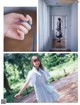 A collage of photos of a woman in a blue dress.