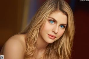 A woman with long blonde hair and blue eyes.